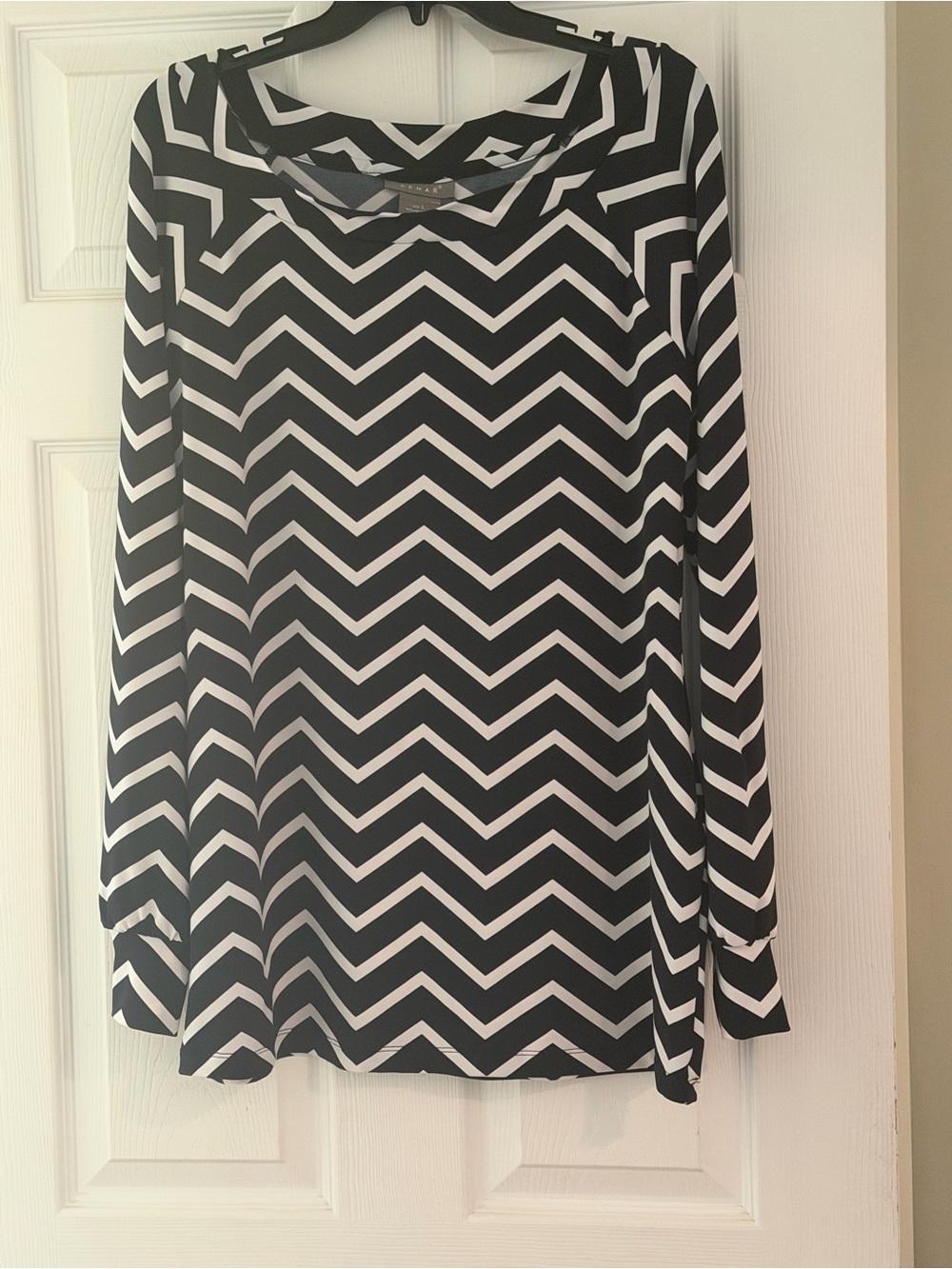 Kenar Navy and White Chevron Long Cuffed Sleeve Blouse